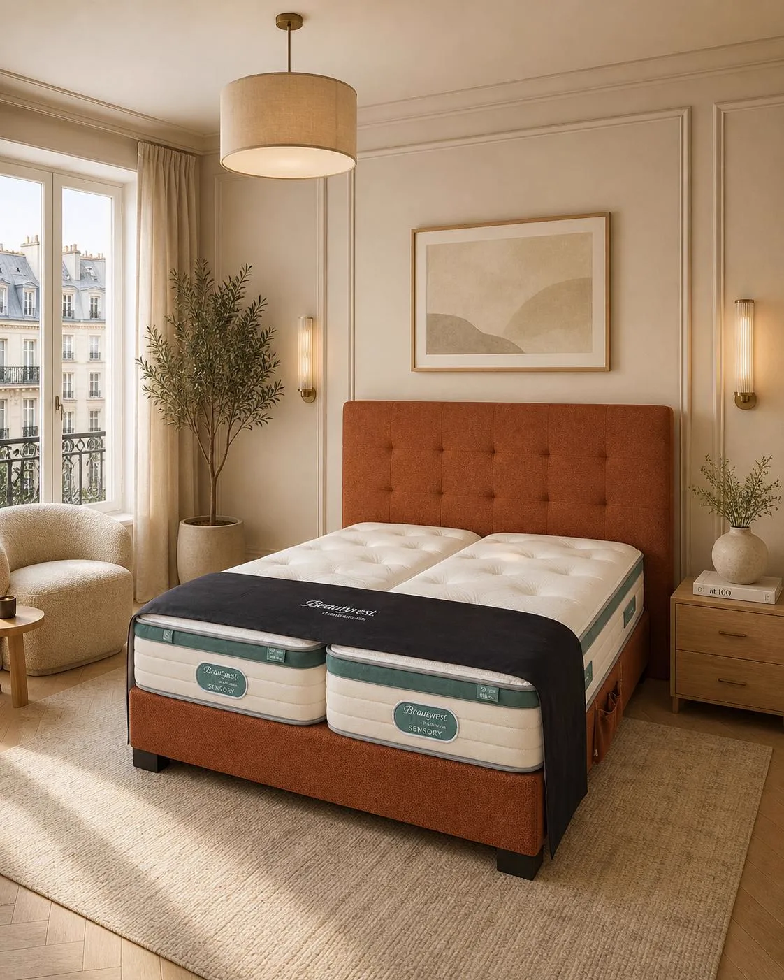 Simons boxspring met Milazo hoofdbord en Beautyrest Feeling matrassen